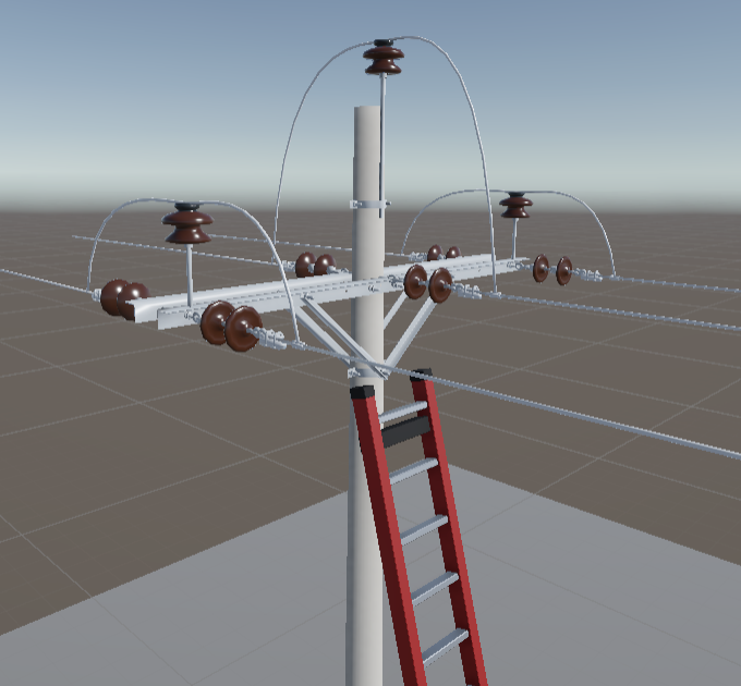 Modelo 3D de poste eléctrico complejo con crucetas y múltiples aisladores